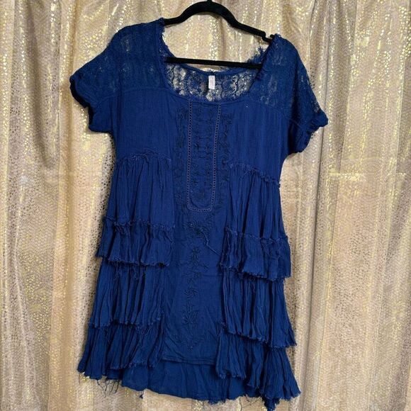 Free People Navy Blue Tiered Distressed Boho Lace Embroidered Dress Small - Picture 1 of 9
